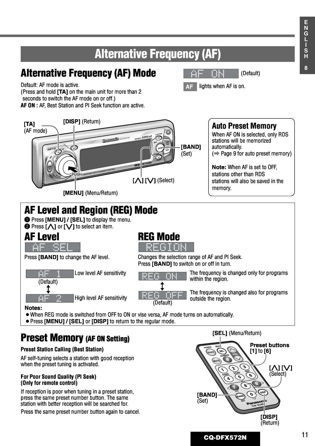 Panasonic AF Level and Region REG Mode, Alternative Frequency AF Mode, Auto Preset Memory, CQ-DFX572N11 