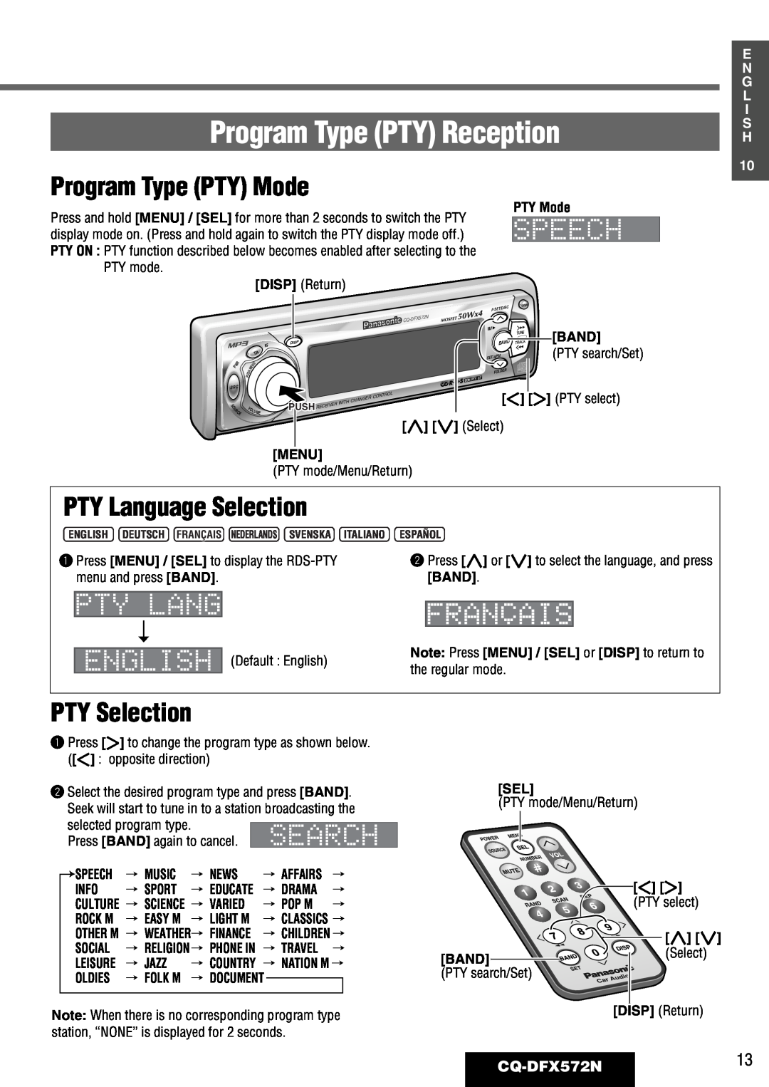Panasonic CQ-DFX572N Program Type PTY Reception, Program Type PTY Mode, PTY Language Selection, PTY Selection 