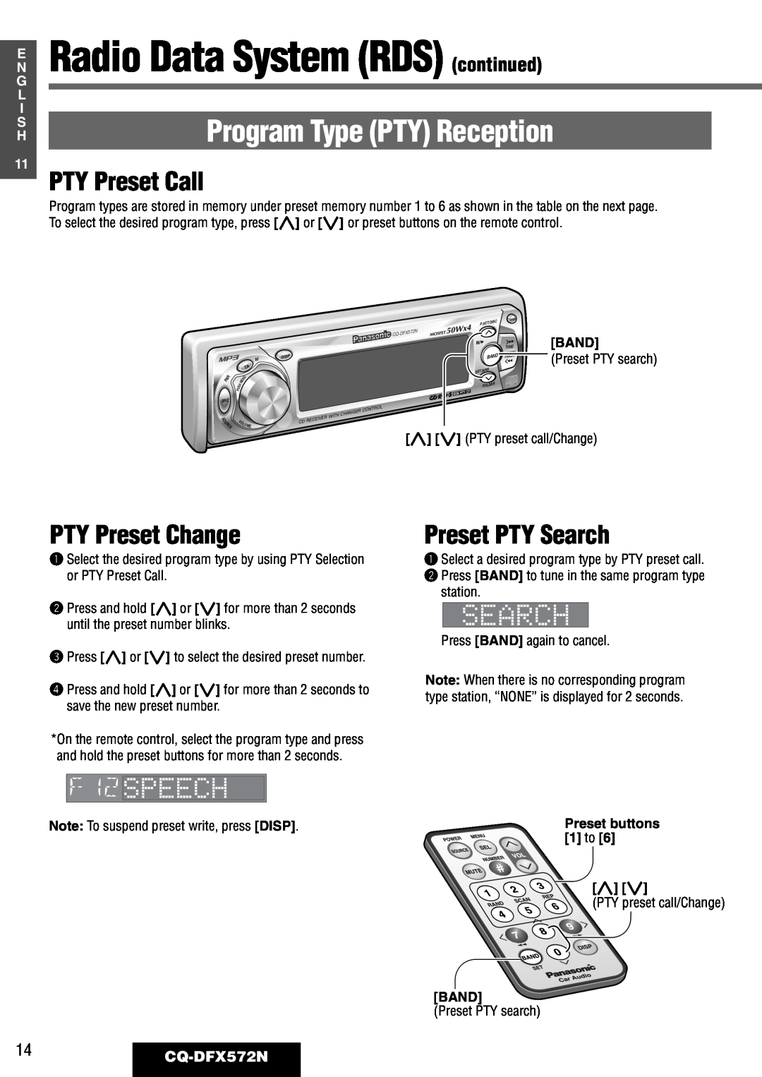 Panasonic operating instructions PTY Preset Call, PTY Preset Change, Preset PTY Search, 14CQ-DFX572N, E N G L I S H 