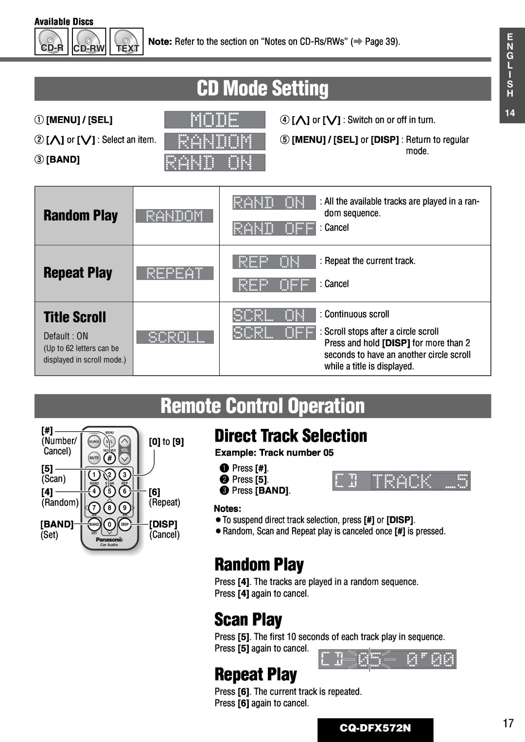 Panasonic CQ-DFX572N CD Mode Setting, Remote Control Operation, Direct Track Selection, Random Play, Scan Play, Cd-Rwtext 