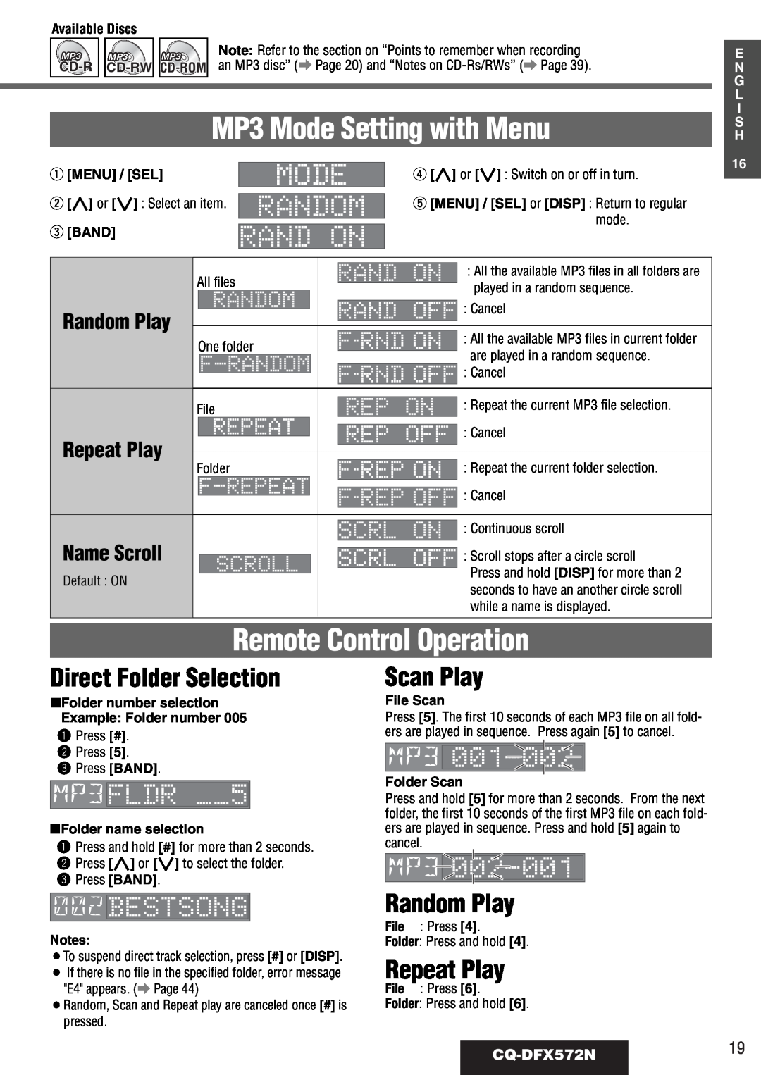 Panasonic CQ-DFX572N MP3 Mode Setting with Menu, Direct Folder Selection, Repeat Play, Name Scroll, Random Play, Scan Play 