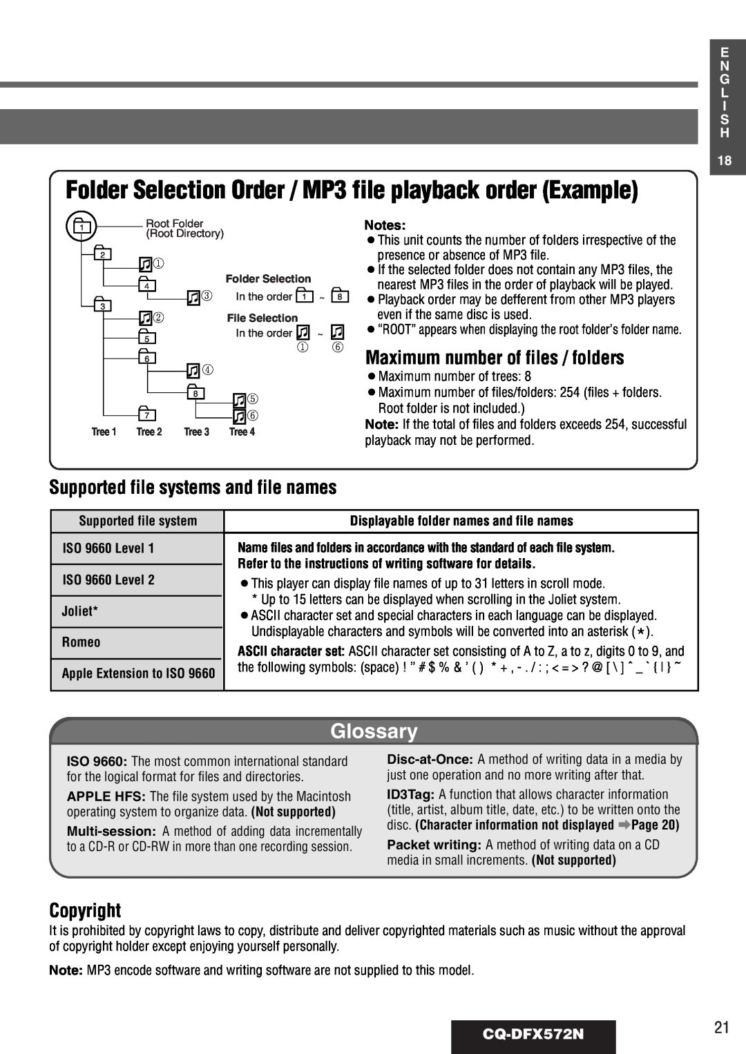 Panasonic Maximum number of files / folders, Supported file systems and file names, Copyright, CQ-DFX572N21, Glossary 