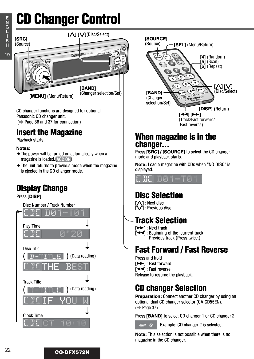 Panasonic CQ-DFX572N Insert the Magazine, When magazine is in the changer, Disc Selection, Fast Forward / Fast Reverse 
