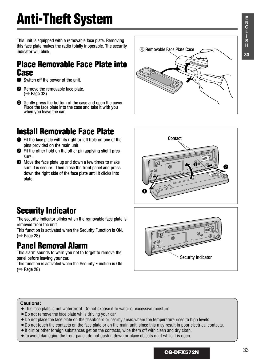 Panasonic Anti-TheftSystem, Place Removable Face Plate into Case, Install Removable Face Plate, CQ-DFX572N33, E N G L 