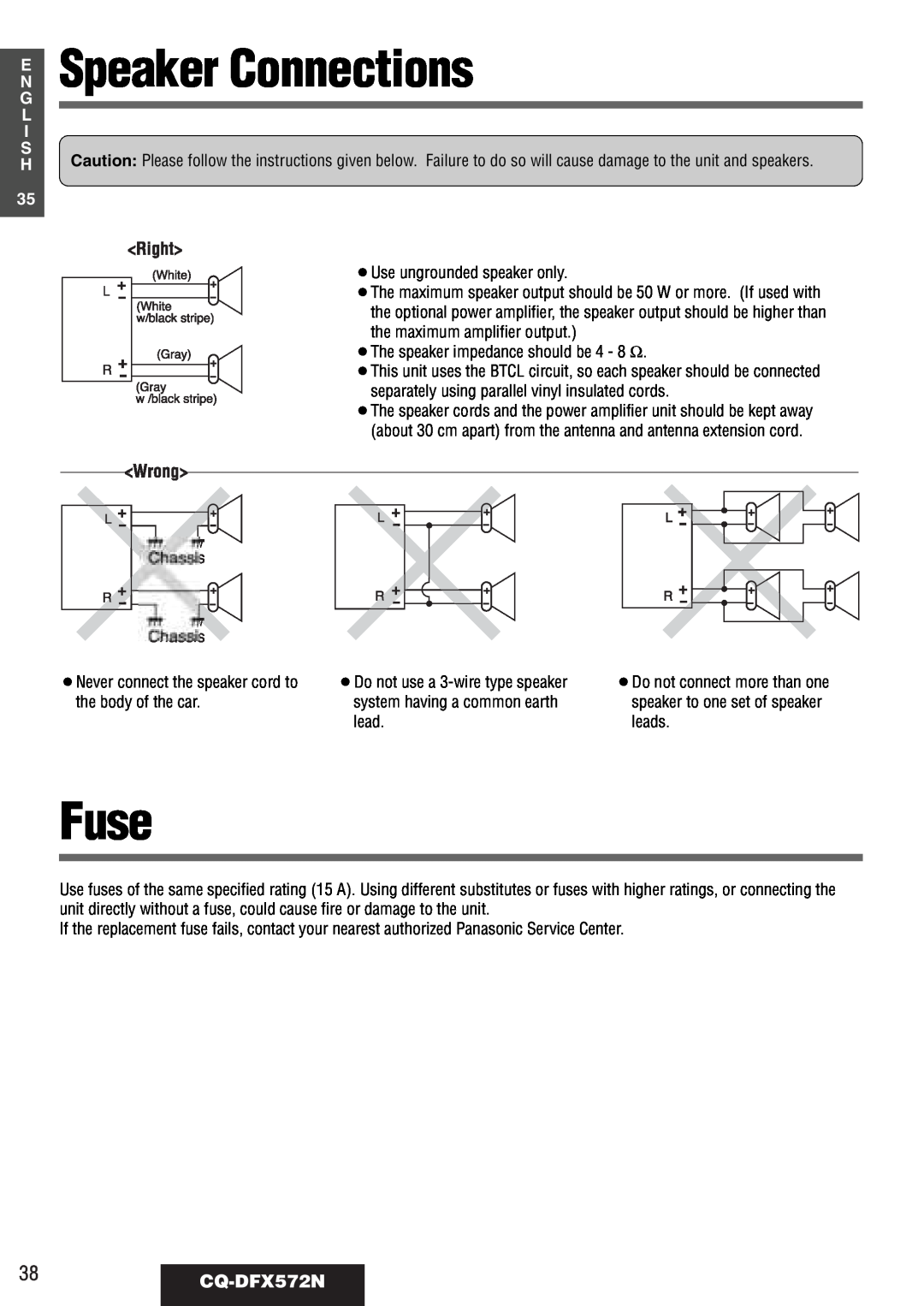 Panasonic operating instructions Speaker Connections, Fuse, 38CQ-DFX572N, E N G L I S H 