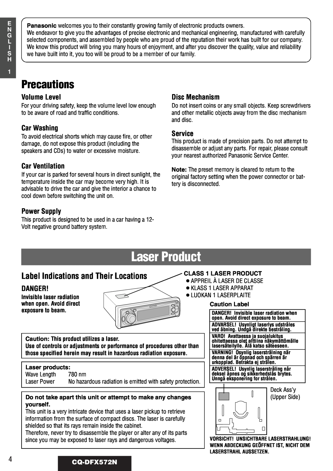 Panasonic CQ-DFX572N Laser Product, Precautions, Label Indications and Their Locations, Volume Level, Disc Mechanism 