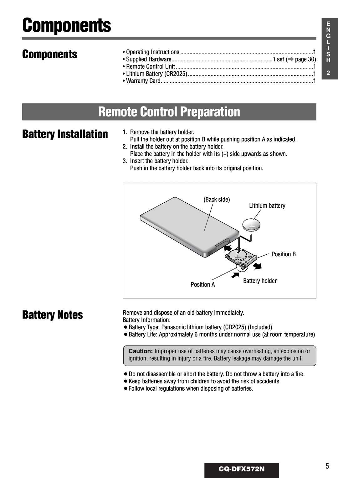 Panasonic Remote Control Preparation, Components, Battery Notes, Battery Installation, CQ-DFX572N5, E N G L I S H 