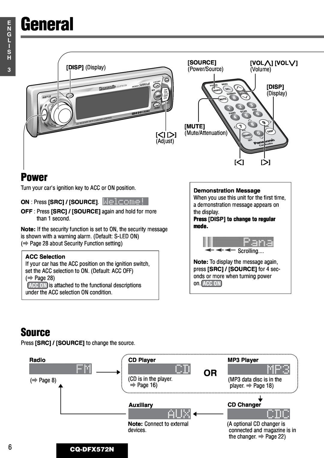 Panasonic operating instructions General, Power, Source, 6CQ-DFX572N, E N G L I S H 