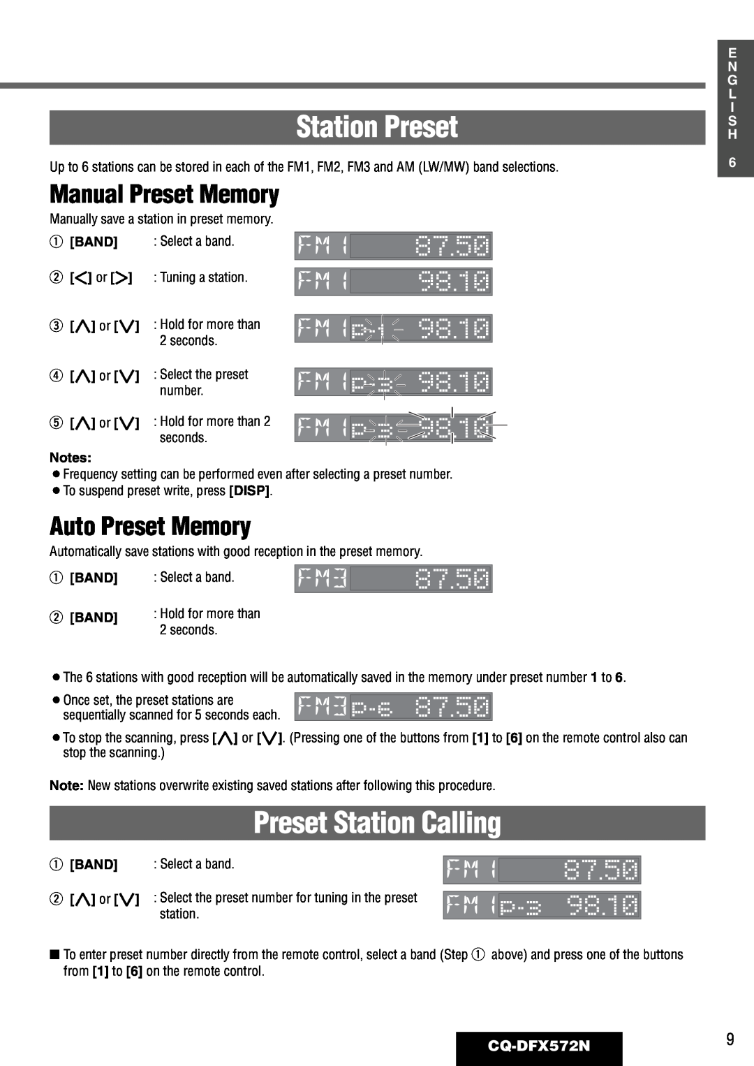 Panasonic Station Preset, Preset Station Calling, Manual Preset Memory, Auto Preset Memory, CQ-DFX572N9, E N G L I S H 