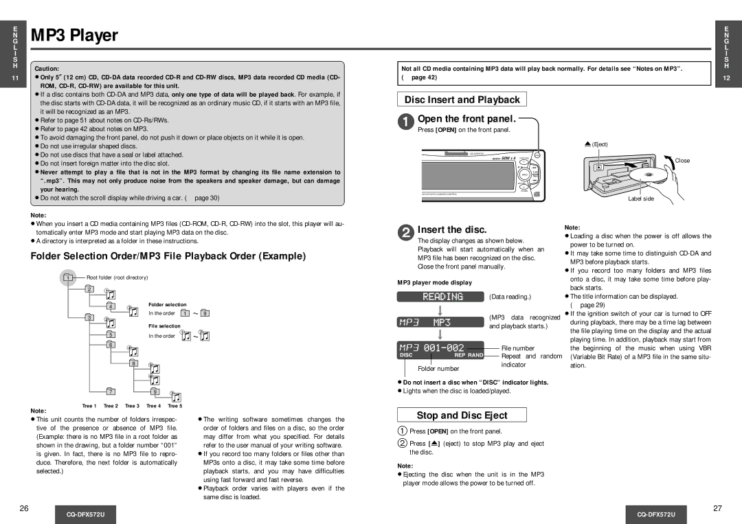 Panasonic CQ-DFX572U MP3 Player, Folder Selection Order/MP3 File Playback Order Example, MP3 player mode display 