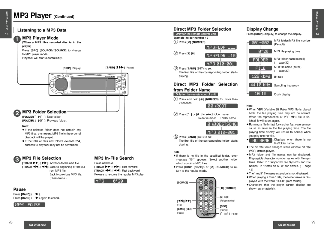 Panasonic CQ-DFX572U Listening to a MP3 Data MP3 Player Mode, MP3 Folder Selection, MP3 File Selection MP3 In-File Search 