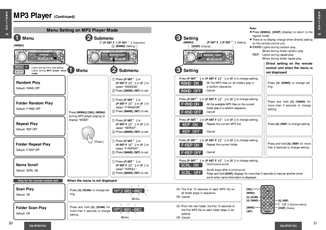 Panasonic CQ-DFX572U operating instructions Menu 