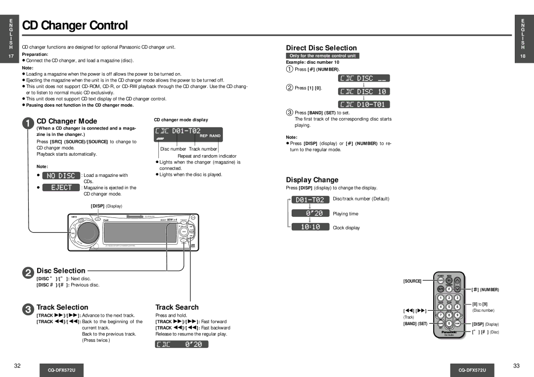 Panasonic CQ-DFX572U CD Changer Control, CD Changer Mode, Disc Selection, Track Selection Track Search 