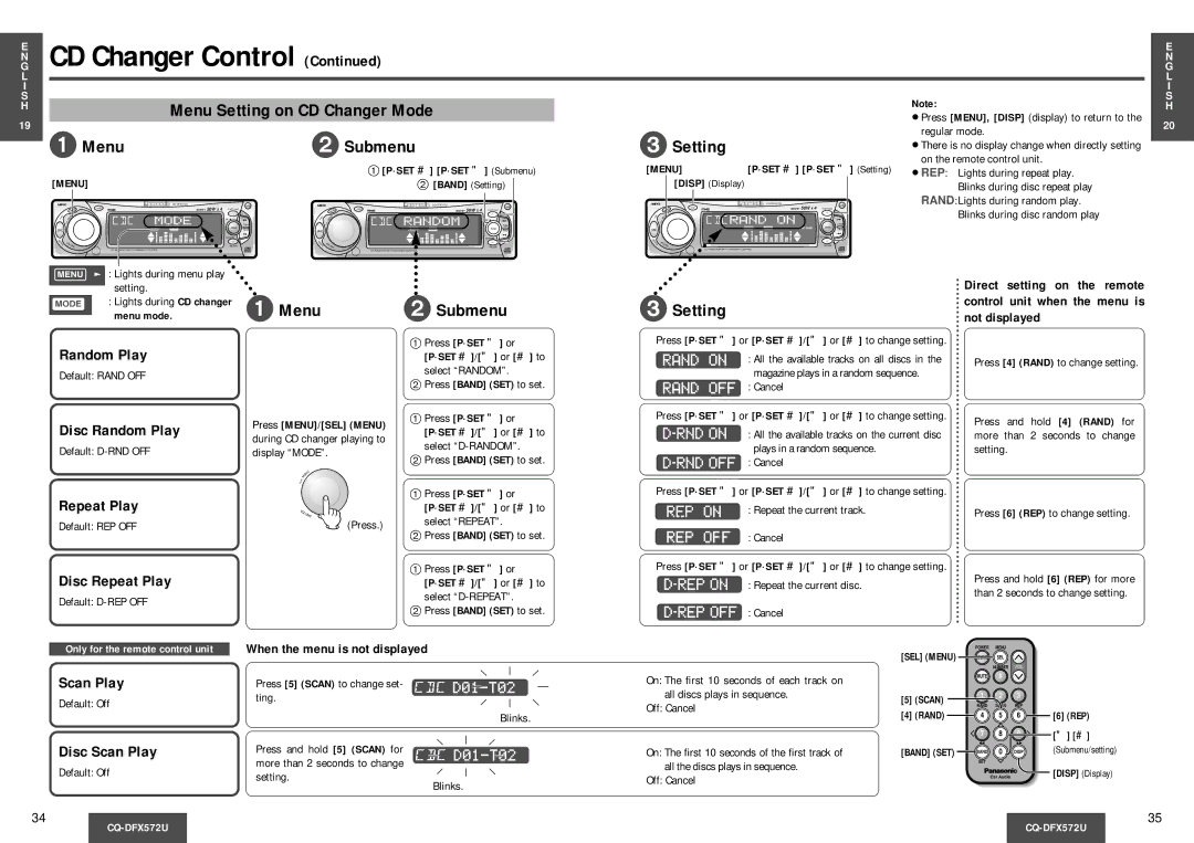 Panasonic CQ-DFX572U Menu Submenu, Menu Setting on CD Changer Mode, Disc Random Play, Disc Repeat Play, Disc Scan Play 