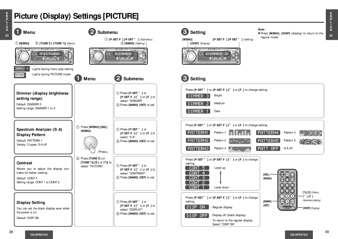 Panasonic CQ-DFX572U Picture Display Settings Picture, Spectrum Analyzer S·A Display Pattern, Contrast 