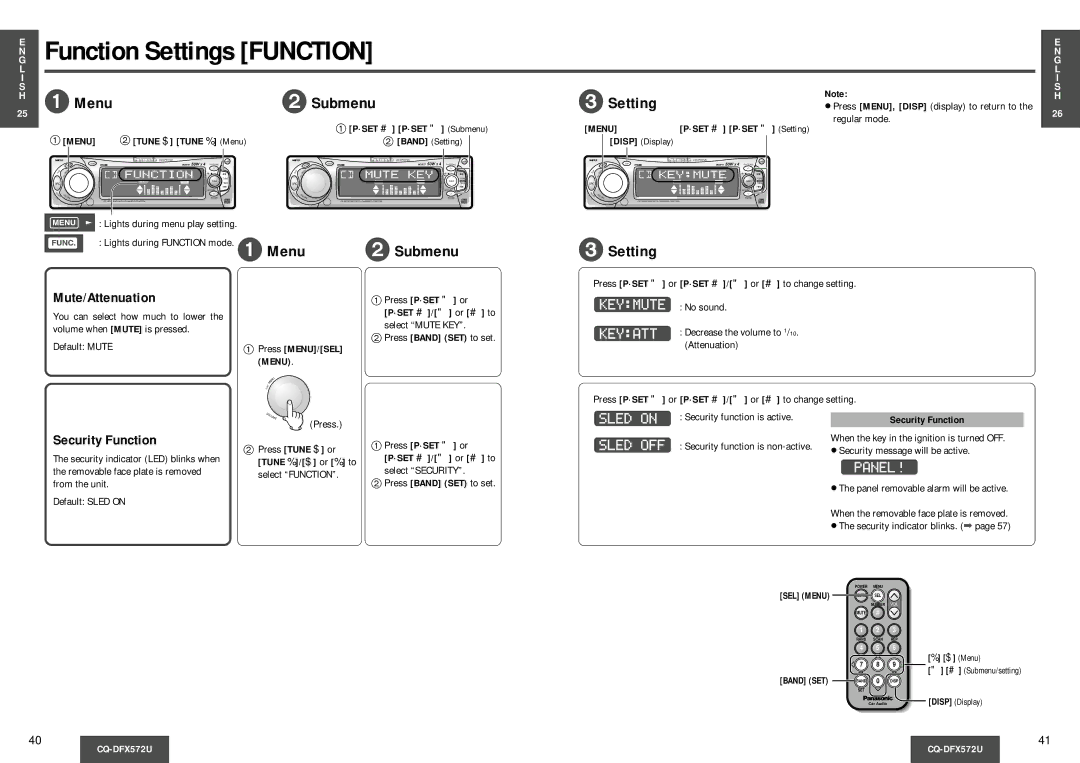 Panasonic CQ-DFX572U operating instructions Function Settings Function, Mute/Attenuation, Security Function 