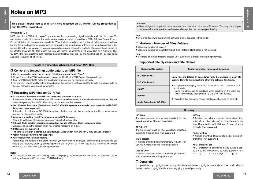 Panasonic CQ-DFX572U Maximum Number of Files/Folders, Converting encoding audio data to an MP3 ﬁle, Copyright 