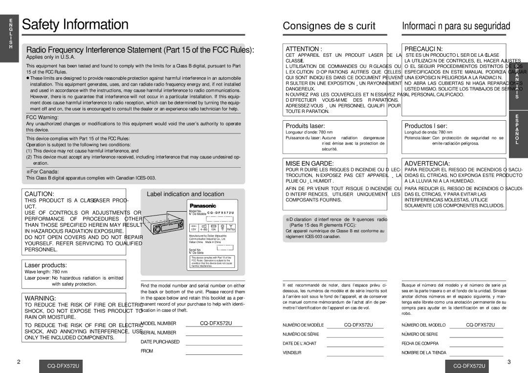 Panasonic CQ-DFX572U operating instructions Safety Information, Applies only in U.S.A, FCC Warning, §For Canada 