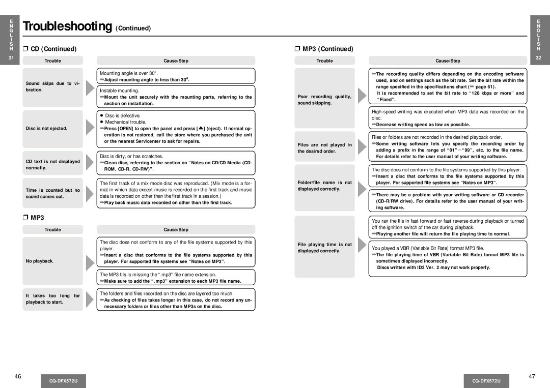 Panasonic CQ-DFX572U operating instructions MP3 