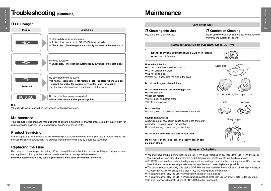 Panasonic CQ-DFX572U operating instructions Troubleshooting Maintenance, Product Servicing, Replacing the Fuse 