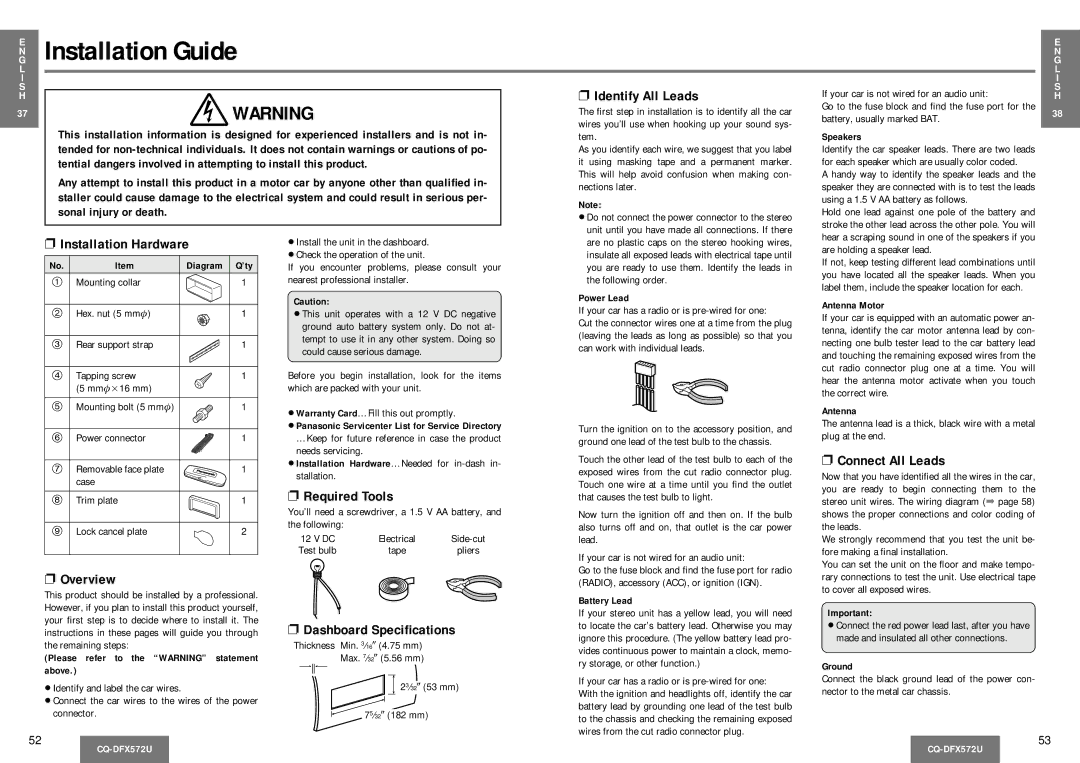 Panasonic CQ-DFX572U operating instructions Installation Guide 