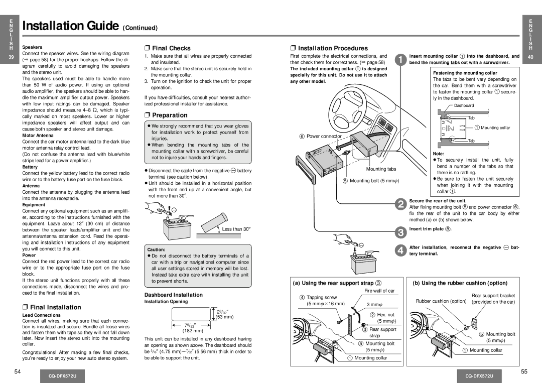 Panasonic CQ-DFX572U operating instructions Preparation, Final Installation 