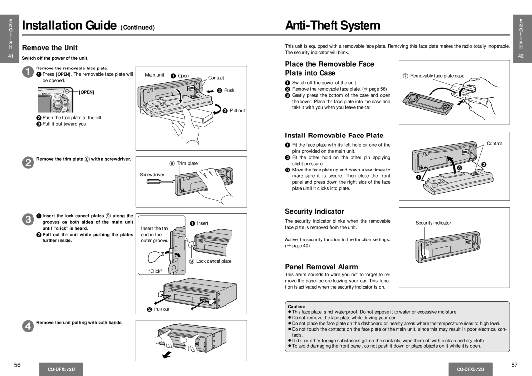 Panasonic CQ-DFX572U Place the Removable Face Plate into Case, Install Removable Face Plate, Security Indicator 