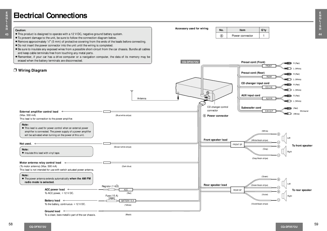 Panasonic CQ-DFX572U operating instructions Electrical Connections, Wiring Diagram 