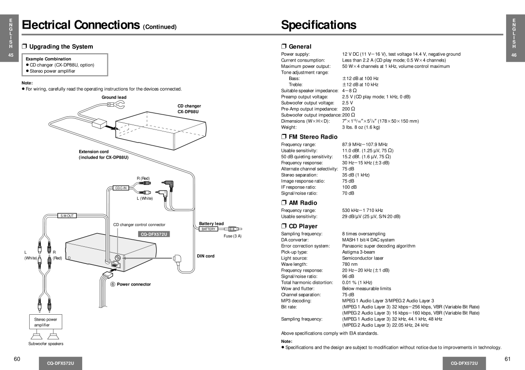 Panasonic CQ-DFX572U Electrical Connections Speciﬁcations, Upgrading the System, General, FM Stereo Radio, AM Radio 