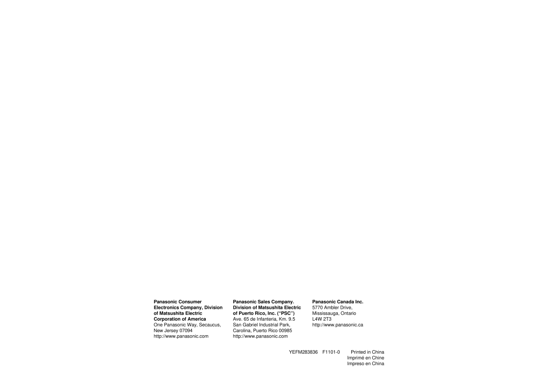 Panasonic CQ-DFX572U operating instructions Matsushita Electric Puerto Rico, Inc. PSC 