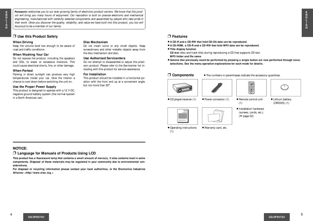 Panasonic CQ-DFX572U Use this Product Safely, Features, Components, Language for Manuals of Products Using LCD 