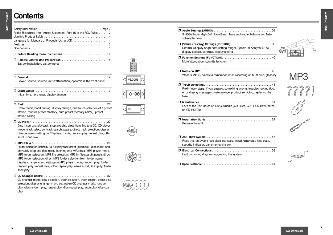 Panasonic CQ-DFX572U operating instructions MP3, Contents 