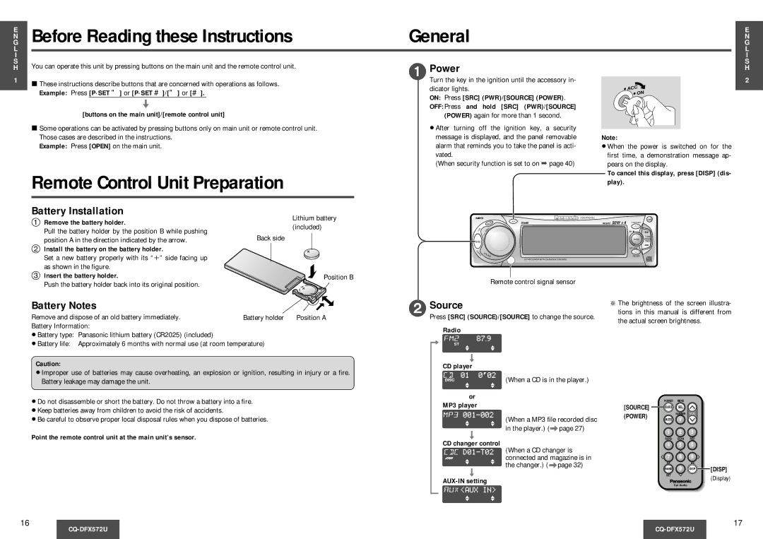 Panasonic CQ-DFX572U Remote Control Unit Preparation General, Power, Battery Installation, Battery Notes, Source 