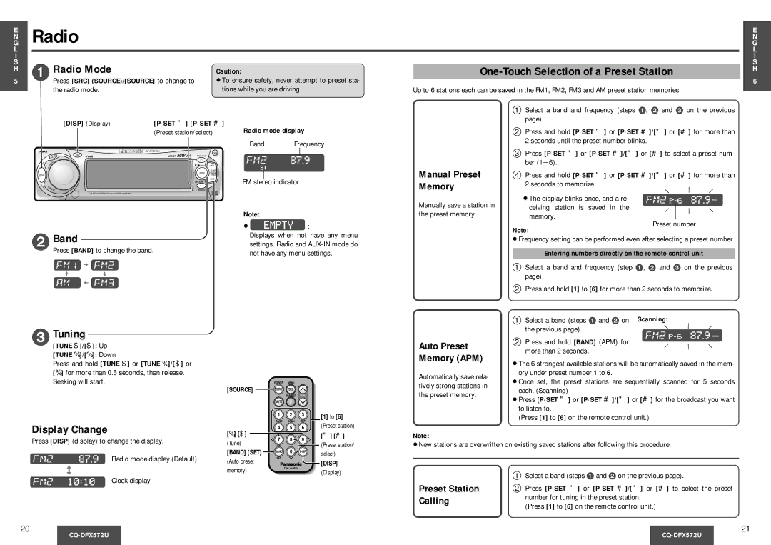 Panasonic CQ-DFX572U operating instructions Band, Tuning, Preset Station, Calling 