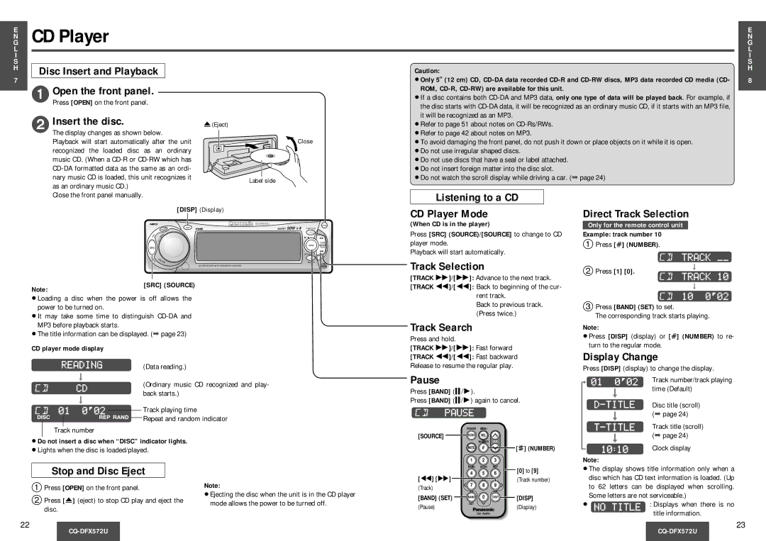 Panasonic CQ-DFX572U operating instructions CD Player 