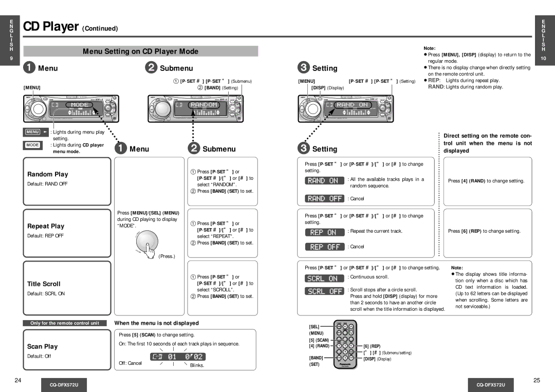 Panasonic CQ-DFX572U operating instructions Menu Setting on CD Player Mode, Menu Submenu Setting, Menu2 Submenu Setting 