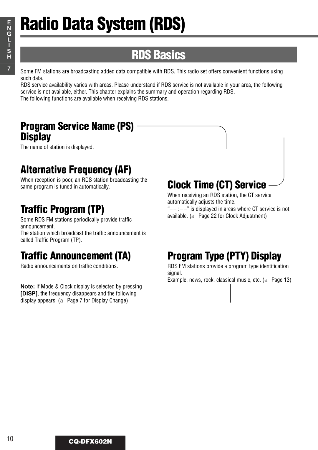 Panasonic CQ-DFX602N manual Radio Data System RDS, RDS Basics 