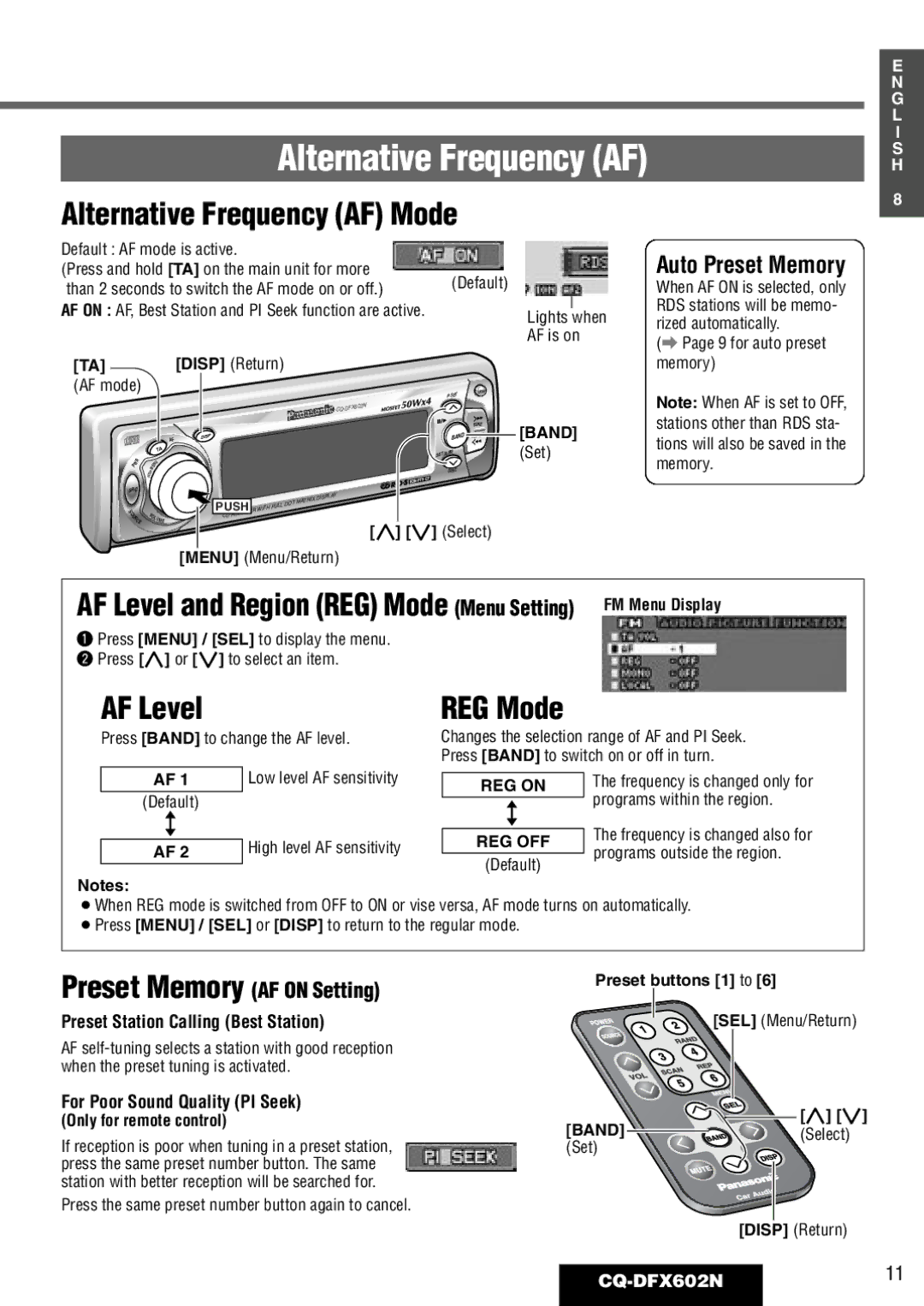 Panasonic manual Alternative Frequency AF, AF Level, CQ-DFX602N11 