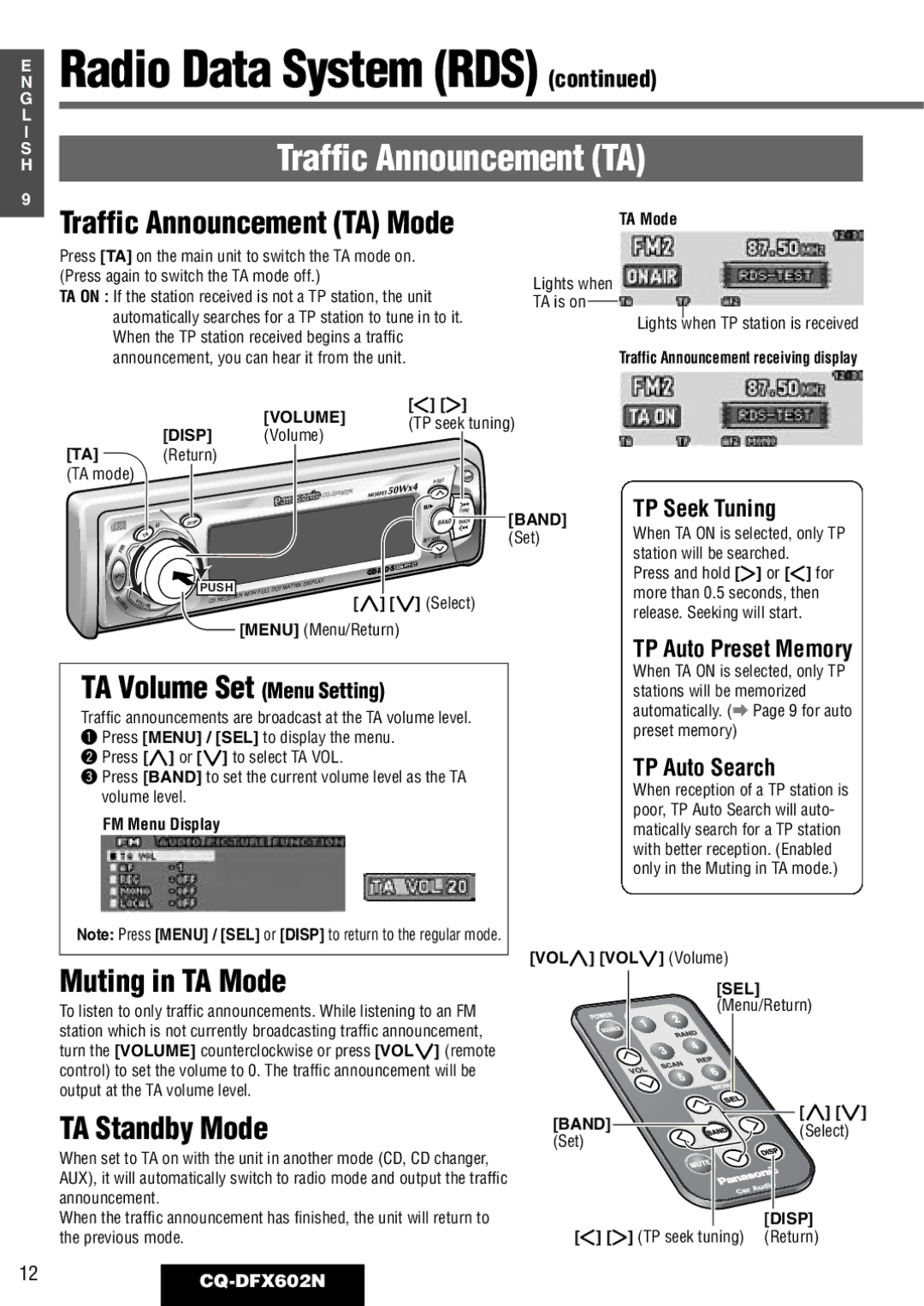 Panasonic manual Traffic Announcement TA, TA Volume Set Menu Setting, Muting in TA Mode, TA Standby Mode, 12CQ-DFX602N 