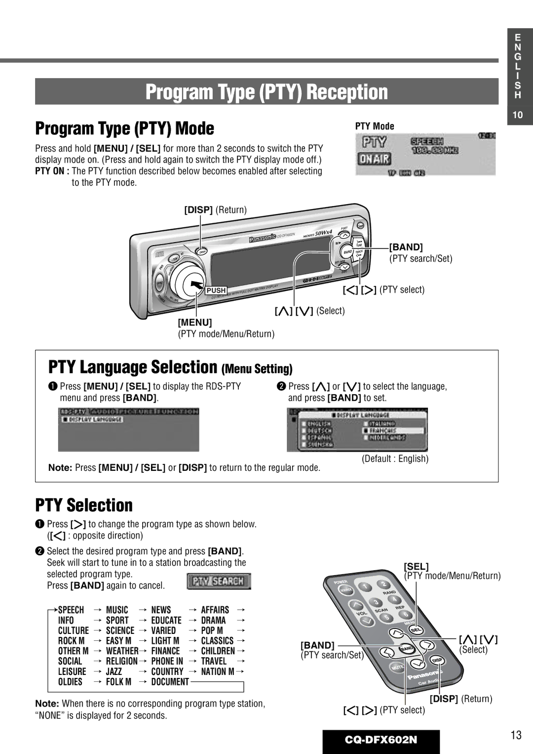 Panasonic CQ-DFX602N Program Type PTY Reception, Program Type PTY Mode, PTY Language Selection Menu Setting, PTY Selection 