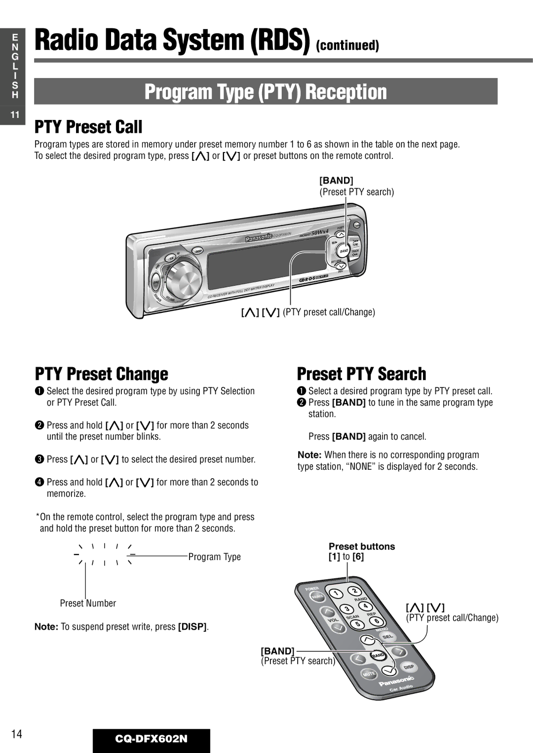 Panasonic manual PTY Preset Call, PTY Preset Change, Preset PTY Search, 14CQ-DFX602N, Program Type Preset Number 