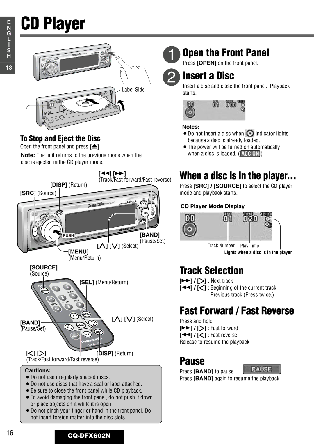 Panasonic CQ-DFX602N manual CD Player, Open the Front Panel, Insert a Disc, Track Selection, Pause 