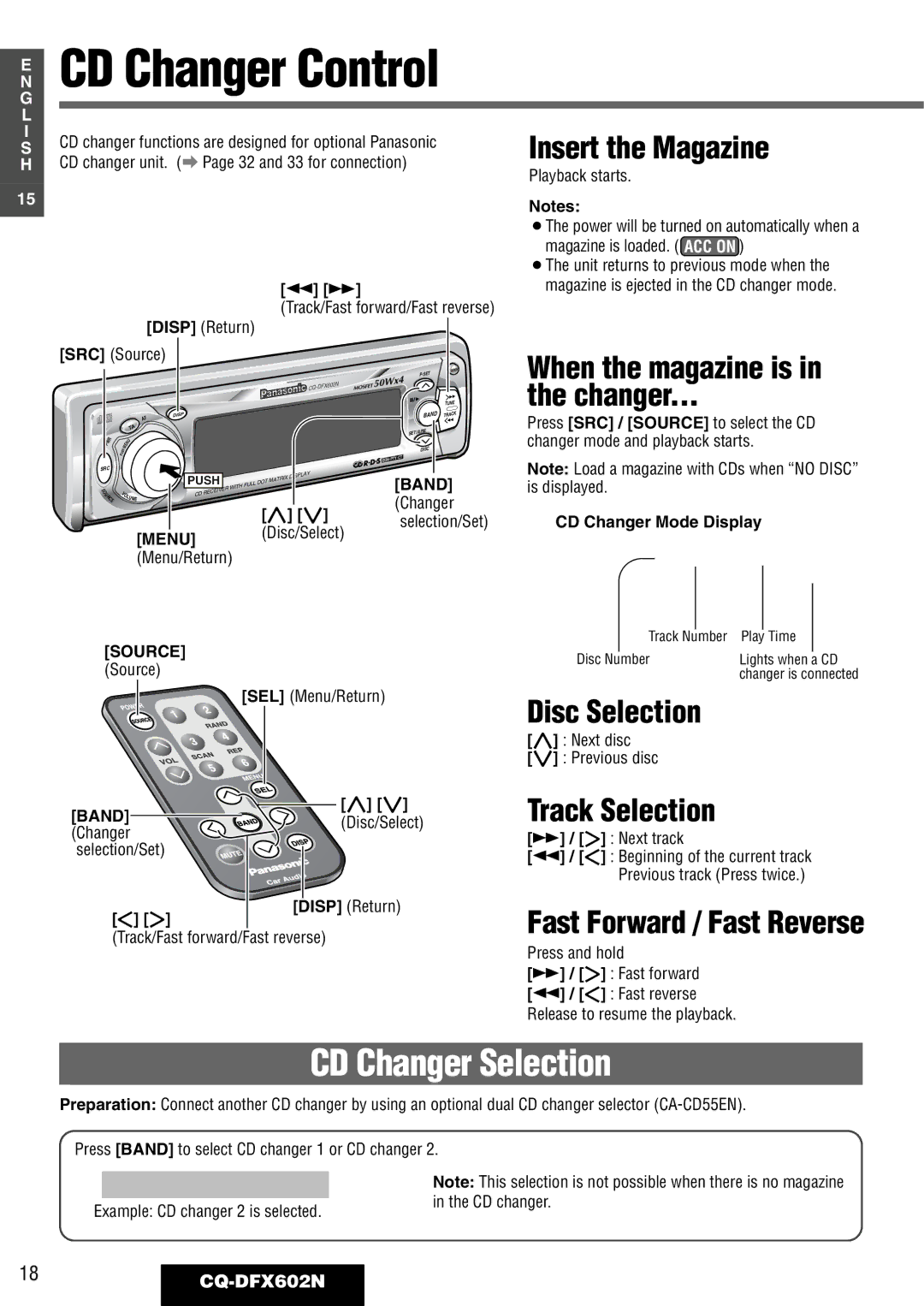 Panasonic manual CD Changer Selection, Insert the Magazine, When the magazine is, 18CQ-DFX602N 