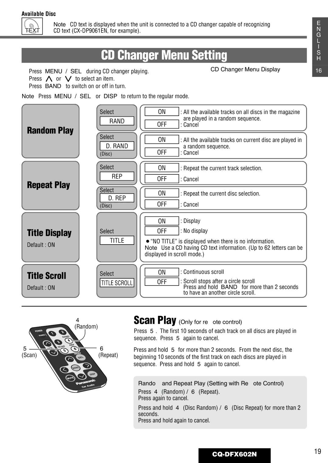 Panasonic manual CD Changer Menu Setting, Random Play Repeat Play Title Display, Title Scroll, CQ-DFX602N19 