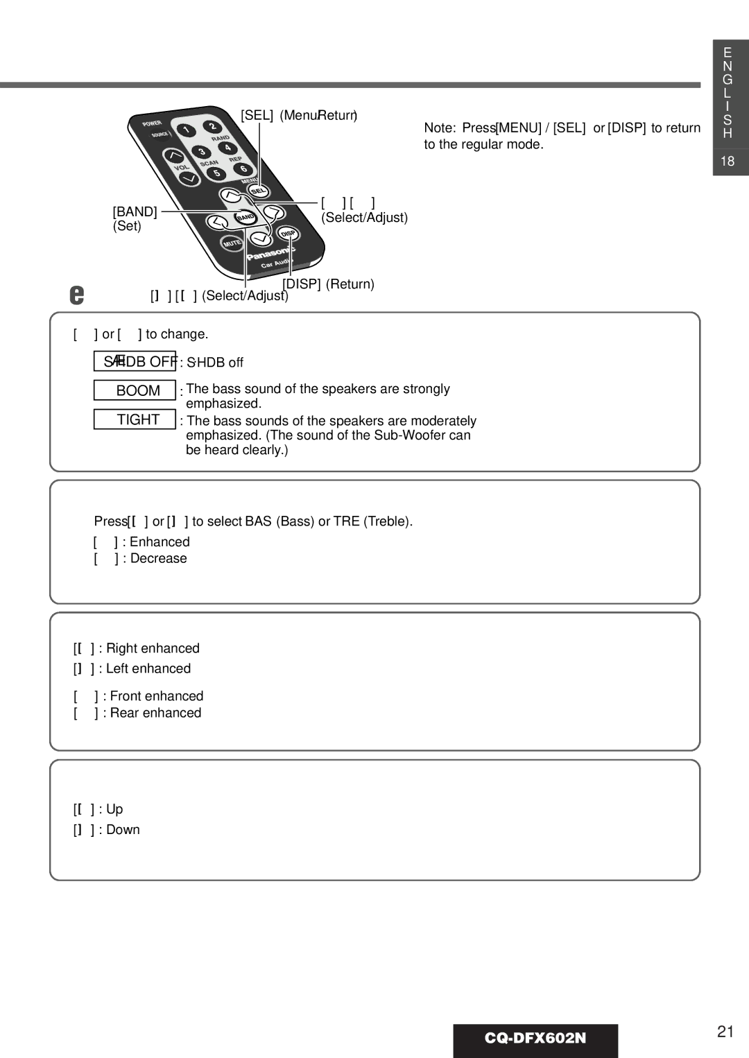 Panasonic manual CQ-DFX602N21, Select/Adjust Disp Return 