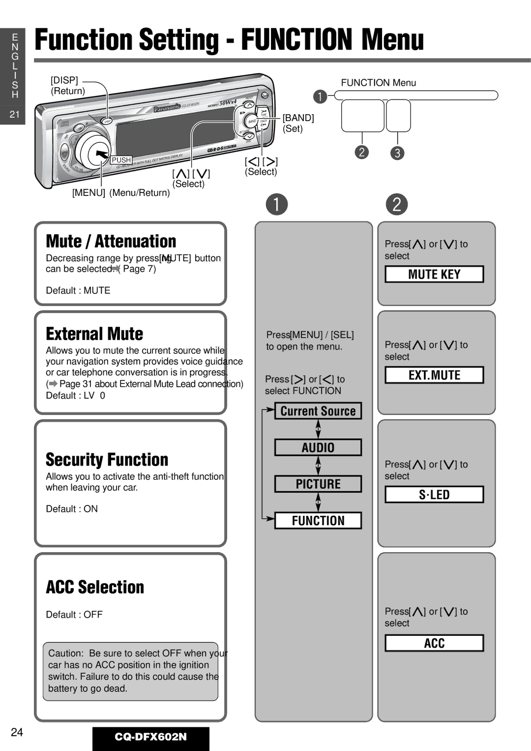 Panasonic manual Function Setting Function Menu, External Mute, Security Function, ACC Selection, 24CQ-DFX602N 