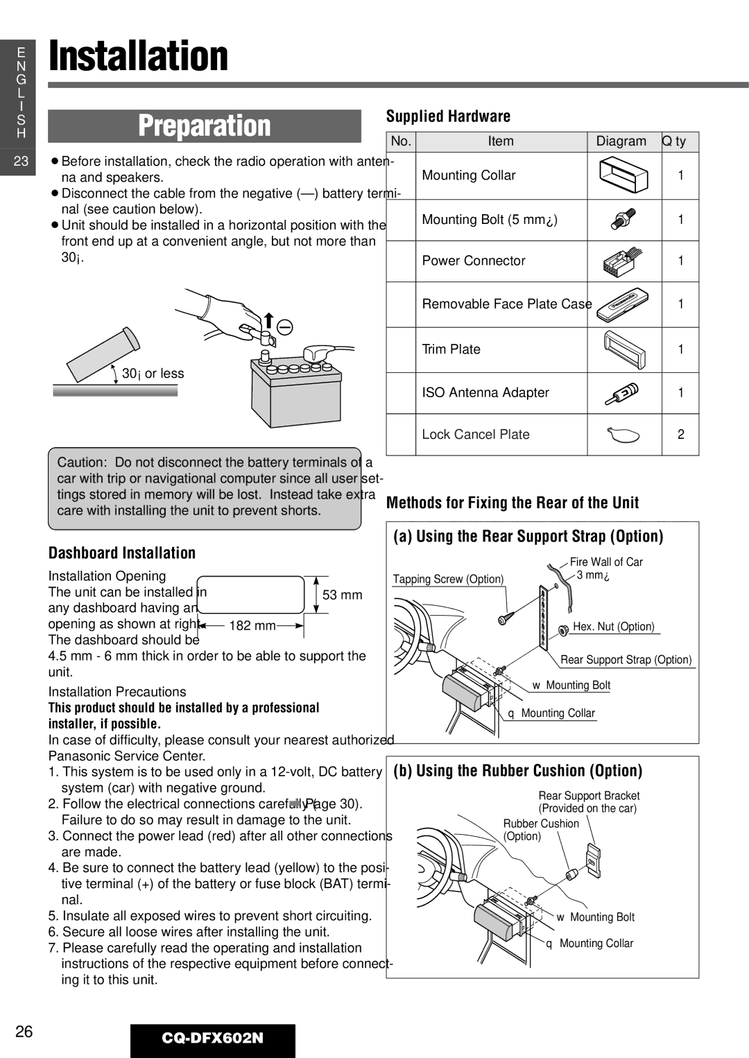 Panasonic manual Preparation, 26CQ-DFX602N, Diagram Q’ty, Installation Opening 