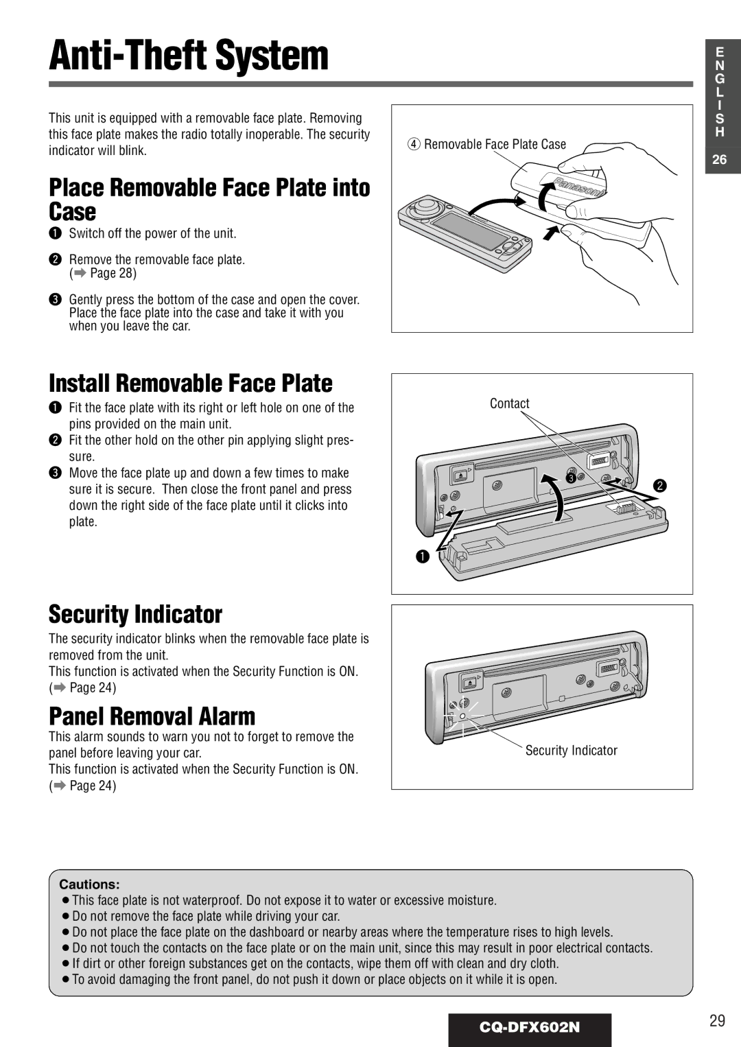 Panasonic CQ-DFX602N manual Anti-Theft System, Place Removable Face Plate into Case, Install Removable Face Plate 