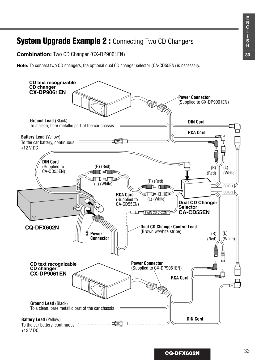 Panasonic manual System Upgrade Example 2 Connecting Two CD Changers, CQ-DFX602N33, RCA Cord Ground Lead Black 