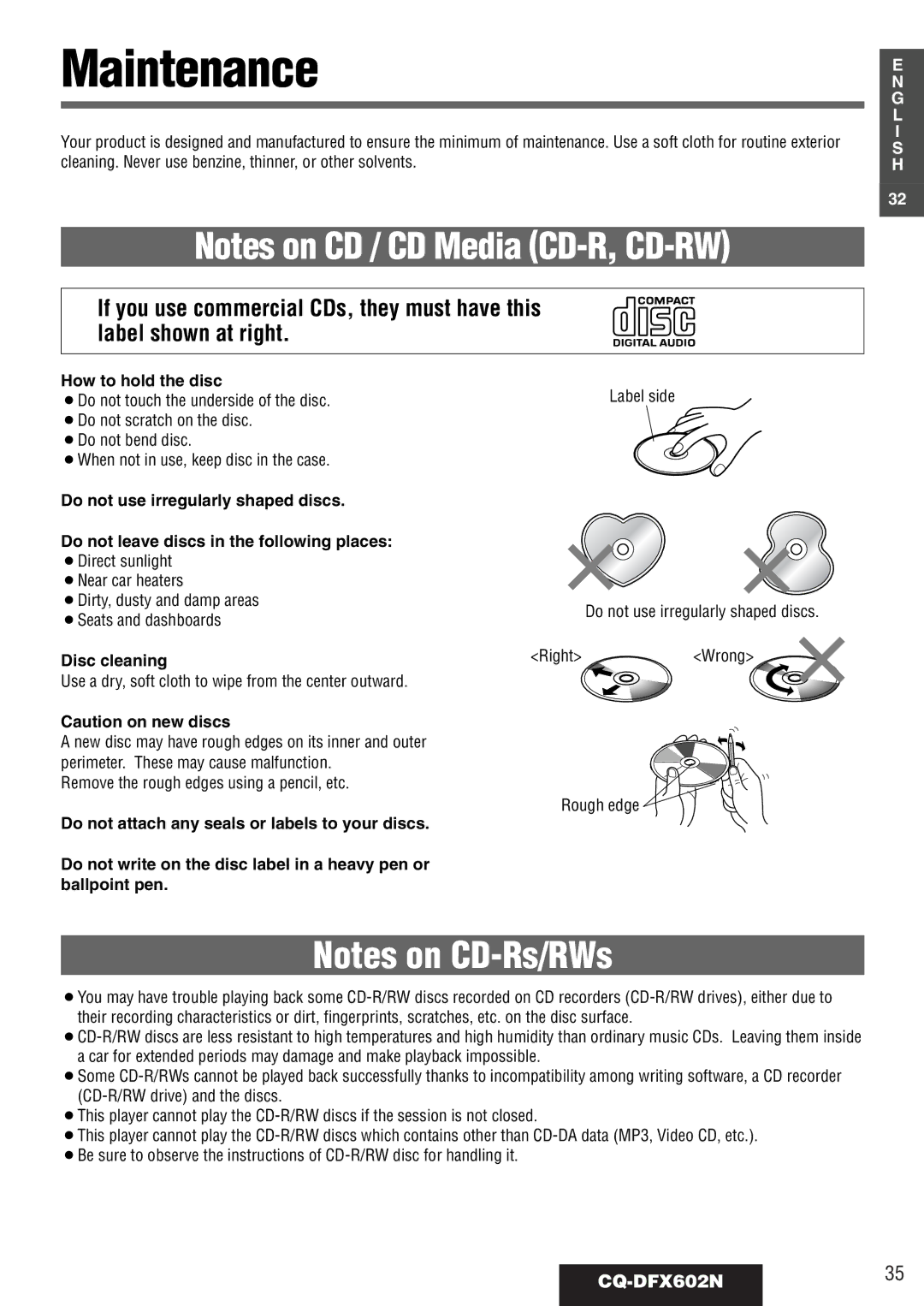 Panasonic manual Maintenance, CQ-DFX602N35, How to hold the disc, Disc cleaning 